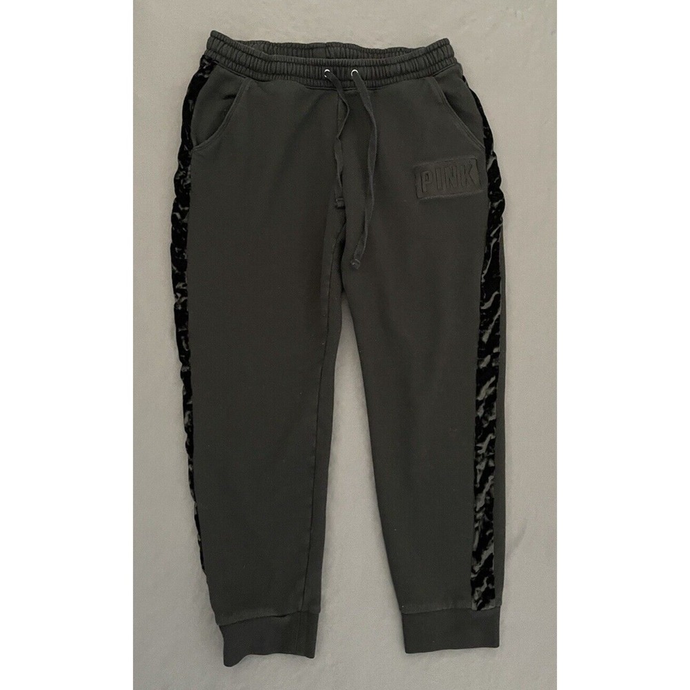 Victorias Secret Pink Sweatpants Womens Size Medium Black Jogger W/Velvet Stipe - Picture 3 of 12